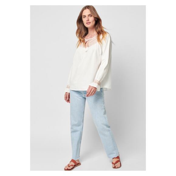 Faherty White Organic Cotton Laura Embroidered Smock Neck Blouse Sz.M NWT - Picture 2 of 16